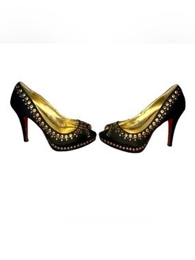 🌷le Chateau🌷Gorgeous Black Rhinestone Studded Pumps With Red Sole Gold Insole 